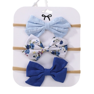 Lot de 3 bandeaux élastiques pour bébé avec nœuds en coton et lin unis et à fleurs