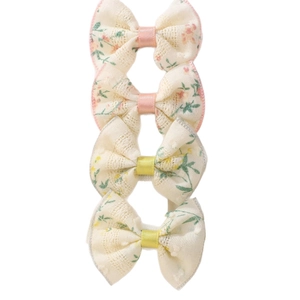 Set of four floral lace bow hair clips for girls with pastel embroidery and satin straps