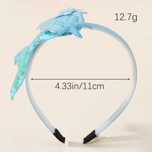 Cute mermaid sequin headband for girls featuring blue star and shell details with size label