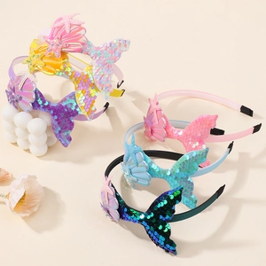 Mermaid Sequin Headband With Shell Star Polyester Ribbon Wrapped Hair Band For Kids Girls Birthday Party Hair Accessories