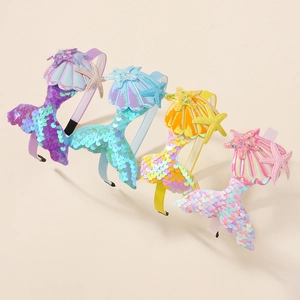 Pack of four colorful mermaid sequin headbands with pearl shells and starfish for girls