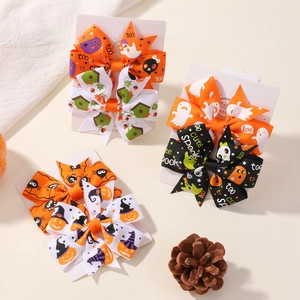 Halloween ribbon bow hair clips set with pumpkin, ghost, and spider motifs on cards