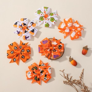 Halloween grosgrain ribbon bow clips with pumpkin, ghost, and black cat patterns
