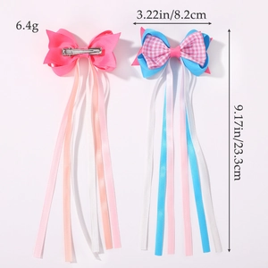 Pince à cheveux à double nœud rose et à carreaux avec de longs rubans pour filles