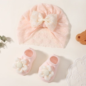 Bonnet Turban en Dentelle Avec Nœud Et Chaussettes Florales pour Bébé Fille Accessoires Mignons pour Nouveau-Né