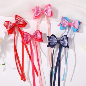 Barrettes à Cheveux Nœud pour Enfants Ruban de Satin Double Couche Long Ruban Pinces Croco Motif Écossais Accessoires de Cheveux