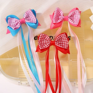 Lot de trois barrettes à cheveux double nœud avec rubans à carreaux et détails en gros-grain