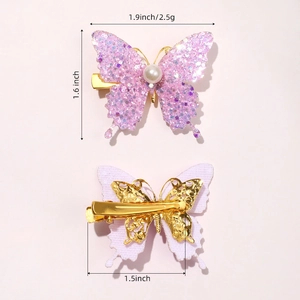 Colorful glitter butterfly hair clip with pearl detail and metal alligator clip measurements