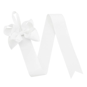 Close-up of white ribbed ribbon strip with a large layered bow for hair accessories storage