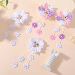 Barrettes fleurs avec perles et longs pompons pour filles, lot de fleurs en tissu