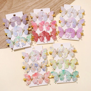 Glitter Butterfly Hair Clips Set With Faux Artificial Pearl Colorful Organza Animal Hair Clips For Kids Girls Princess Hair Accessories