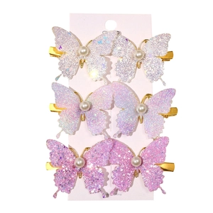 Set of 6 glittery butterfly hair clips for girls with pearls and golden metal finish