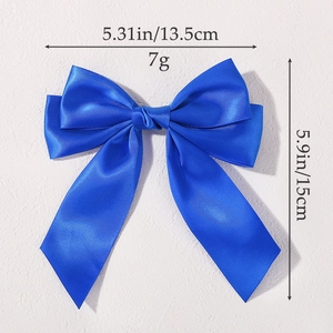 Blue satin bow hair clip for girls with size measurements and long streamer details