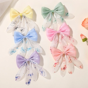 Lot de 6 barrettes à cheveux avec nœuds en tulle floral et longs rubans pour filles