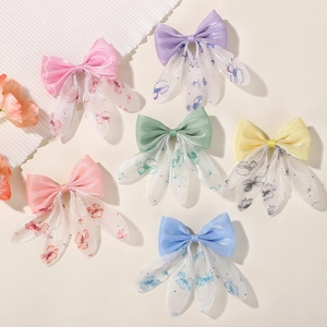 Barrettes à Nœud pour Enfants en Gaze de Maille Double Couche Imprimé Floral Accessoires de Cheveux Princesse pour Filles