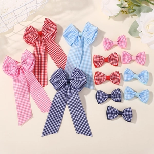 Set di Fermagli per Capelli a Fiocco Gingham per Bambine Fiocchi in Tessuto a Quadretti Con Nastro Lungo Stile Accademia