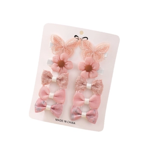 10-piece set of pink girls' hair clips with floral, bow, and butterfly designs