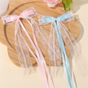 Pinza para el Cabello con Lazo de Encaje para Niños Cinta Larga Horquilla Gasa Color Macarrón Accesorios para Cabello