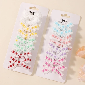 Lace bow hair clip set for kids with colorful striped ribbons and embroidery on card
