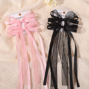 Barrettes à cheveux avec nœuds en dentelle de mousseline rose et noire et longs rubans