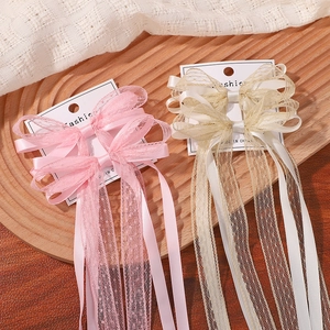 Barrettes à cheveux nœuds en mousseline rose et champagne avec de longs rubans