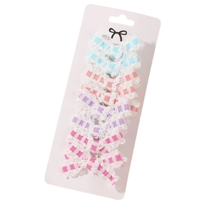 10-piece handmade bow hair clip set with lace edging and colorful striped ribbon