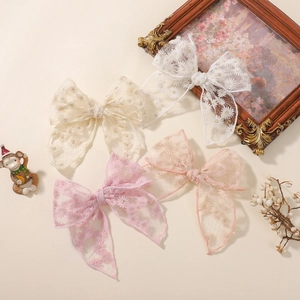 Barrette à Cheveux Nœud en Dentelle Beige Avec Broderie Marguerite Ruban en Maille Accessoires pour Cheveux Femmes