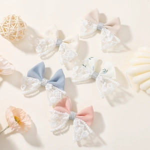 Barrettes à nœud en dentelle et tissu pastel macaron pour filles aux motifs floraux