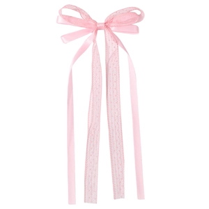 Pince à cheveux nœud rose en mousseline avec longs rubans et dentelle pour filles