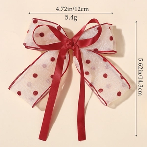Double-layered red and white polka dot mesh bow hair clip for girls, size 12cm x 14.3cm
