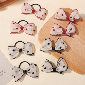 Mesh bow hair clips and hair ties set with polka dots for girls, 8-piece styling kit