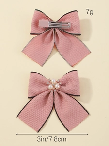 Pink fabric hair clips with pearl rhinestones and metal alligator clip measurements