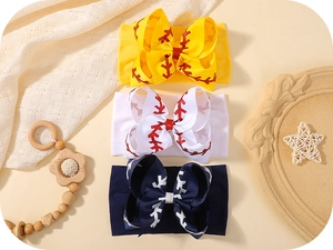 Ensemble de trois bandeaux élastiques pour bébé avec grands nœuds motif baseball