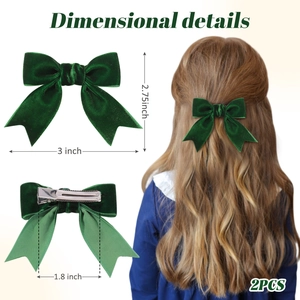 Set of 2 dark green velvet bow hair clips with 3-inch dimensions and metal grip