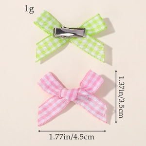 Plaid lace bow hair clip set in green and pink colors for girls showing exact dimensions