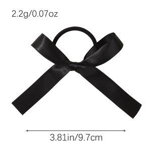 Black satin ribbon bow hair tie for girls with dimensions and weight specs
