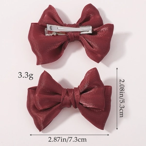 Barrette nœud satin bordeaux avec clip crocodile en métal argenté pour coiffure fille