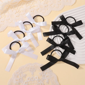 Women Girls Satin Bow Hair Scrunchie With Long Streamer Solid Color Polyester Ribbon Ponytail Holder Handmade Hair Accessories