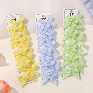 Plaid ribbon bow hair clips set for girls featuring yellow, blue, and green patterns