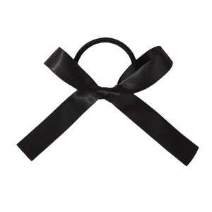 Classic black satin ribbon bow scrunchie with long streamers for girls hair styling