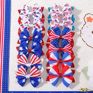 Set of 10 patriotic glitter star hair bows for girls in red white and blue tones