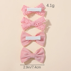 Pink lace and striped fabric bow hair clip set with silver metal alligator clips for kids