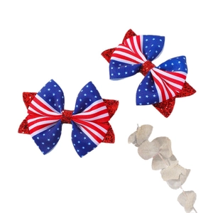 Glitter American flag hair bow set with red sequins and blue stars for girls