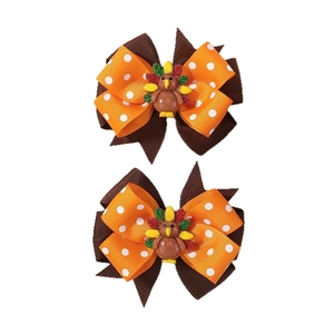 Paire de pinces à cheveux dinde de Thanksgiving avec nœuds orange à pois pour filles