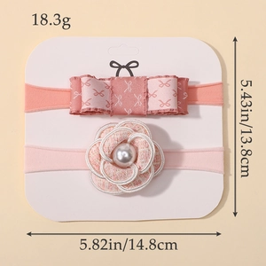Pink floral baby headband set with pearl accents and bow patterns on elastic nylon straps