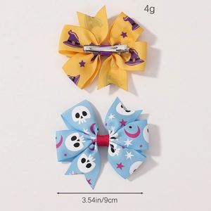 Set of 2 Halloween hair clips with witch hat and skull patterns on colorful bows