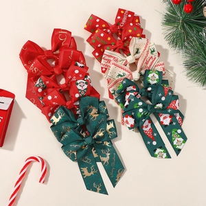 Christmas Bow Hair Clips For Girls Reindeer Santa Gnome Pattern Polyester Grosgrain Ribbon Duckbill Clip Holiday Hair Accessories