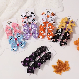 Halloween Bow Hair Clips Polyester Grosgrain Ribbon Ghost Pumpkin Spider Web Prints For Kids Toddlers Girls Party Hair Accessories