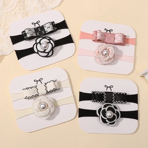 Baby nylon headband set with fabric floral camellia and pearl bow bowknot details