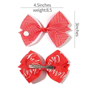 Christmas 4.5 inch red ribbon bow hair clips set with Merry Christmas festive patterns